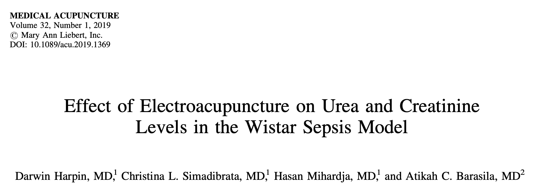Effect of Electroacupuncture on Urea and Creatinine Levels in the Wistar Sepsis Model - Perhimpunan Dokter Spesialis Akupunktur Medik Indonesia Effect of Electroacupuncture on Urea and Creatinine Levels in the Wistar Sepsis Model - Perhimpunan Dokter Spesialis Akupunktur Medik Indonesia